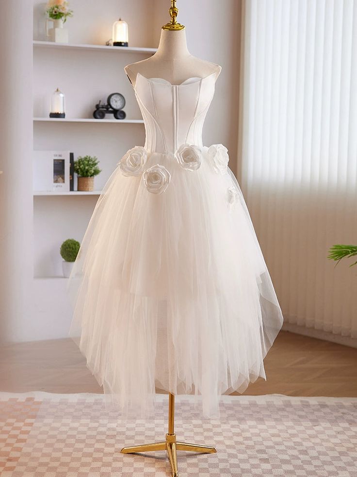 Unique White Tulle Satin Short Prom Dress, White Homecoming Dress fg6369 - VelvetHem