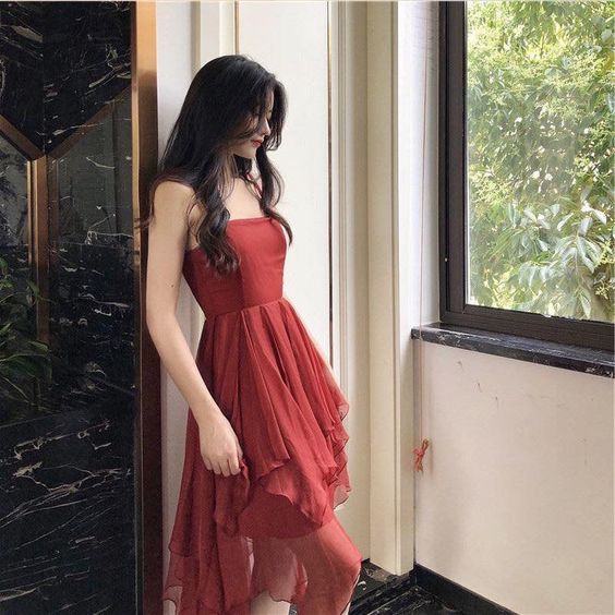 A line Spaghetti Strap Asymmetric Ruffled Evening Dresses For Women fg6227 - VelvetHem