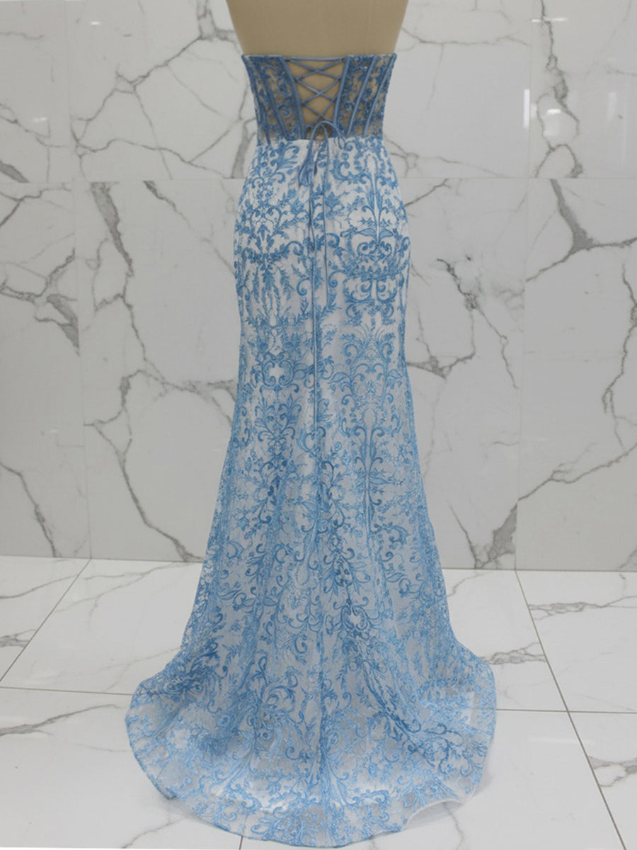 Blue Strapless Pearl Beaded Corset Ruched Long Prom Dress