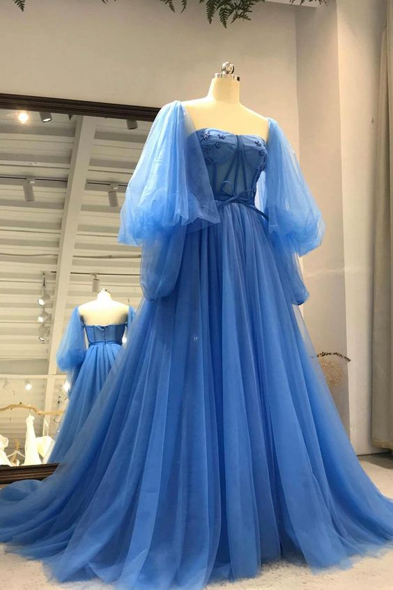 Tulle Long Sleeve Prom Dress, A-Line Tulle Formal Evening Dress fg6328 - VelvetHem