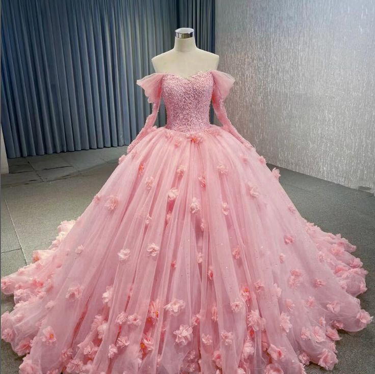 Pink Tulle Off the Shoulder Appliques Ball Gown Wedding Dress Sweet 16 Dresses fg6813 - VelvetHem