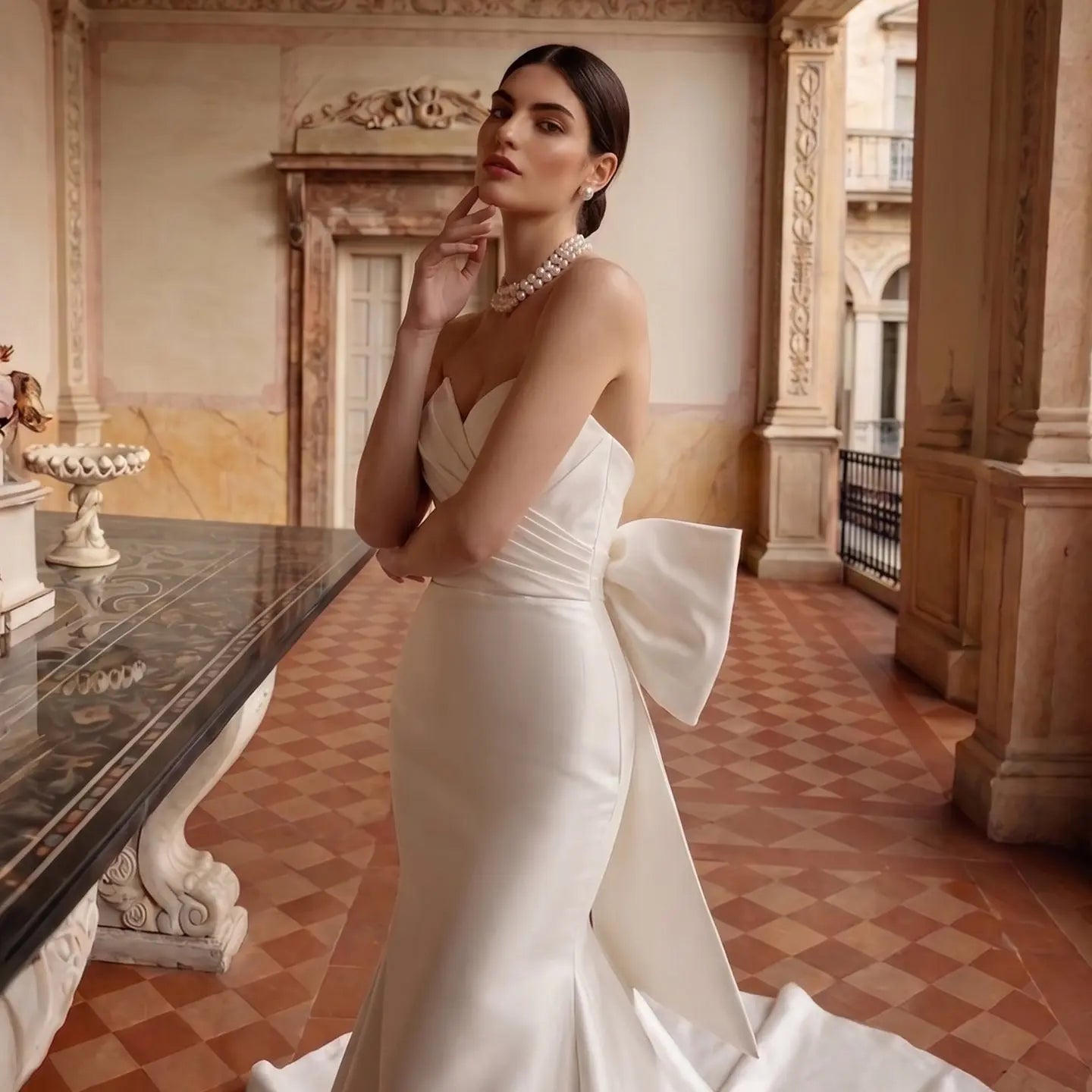 Glamorous Lvory Satin Wedding Dress with Buttons & Train ZP053