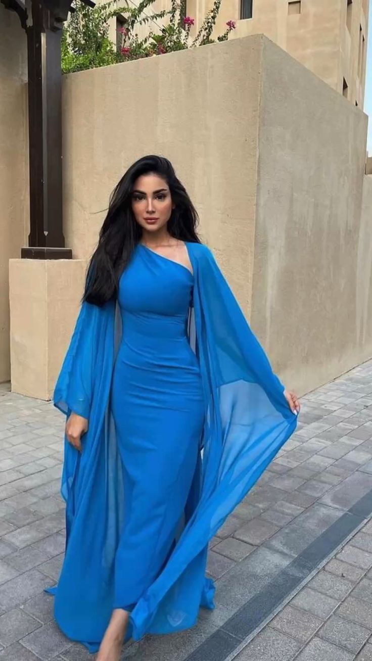 Vintage Long Blue Chiffon Evening Dress Sheath Muslim Floor Length Prom Dress fg6429 - VelvetHem