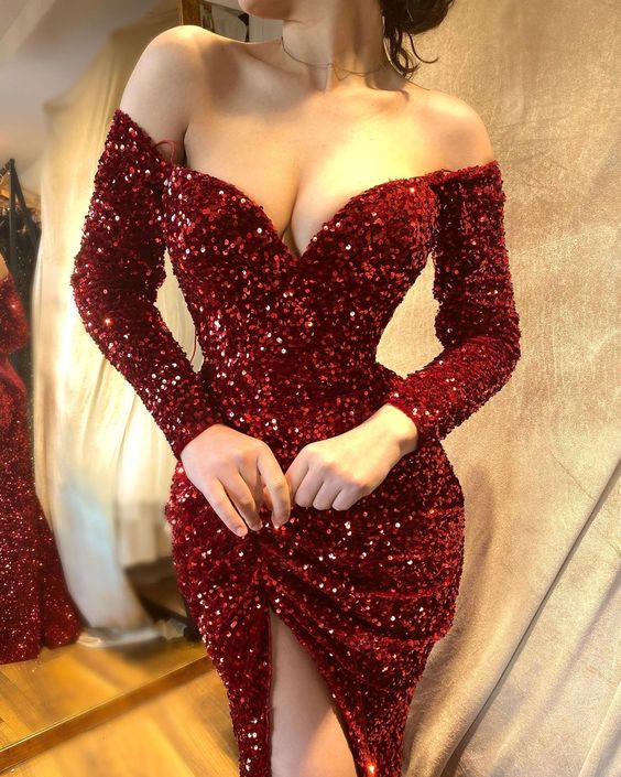 Short Prom Dresses Sequin Long Sleeve Sheath Party Dress fg6268 - VelvetHem