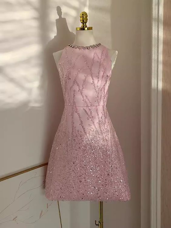 Sexy A line Scoop Pink Sequin Travel Vacation Dress Short Birthday Dress fg6374 - VelvetHem