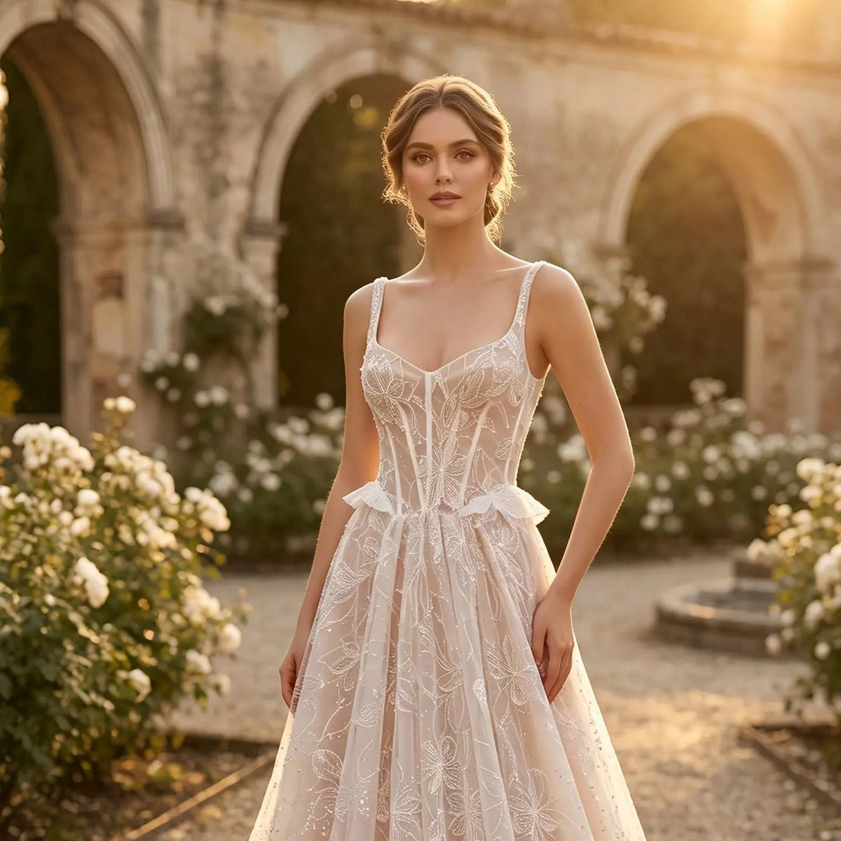 Luxury Ivory Square Neck Corset Lace Tulle A-Line Wedding Dress with Train ZP064