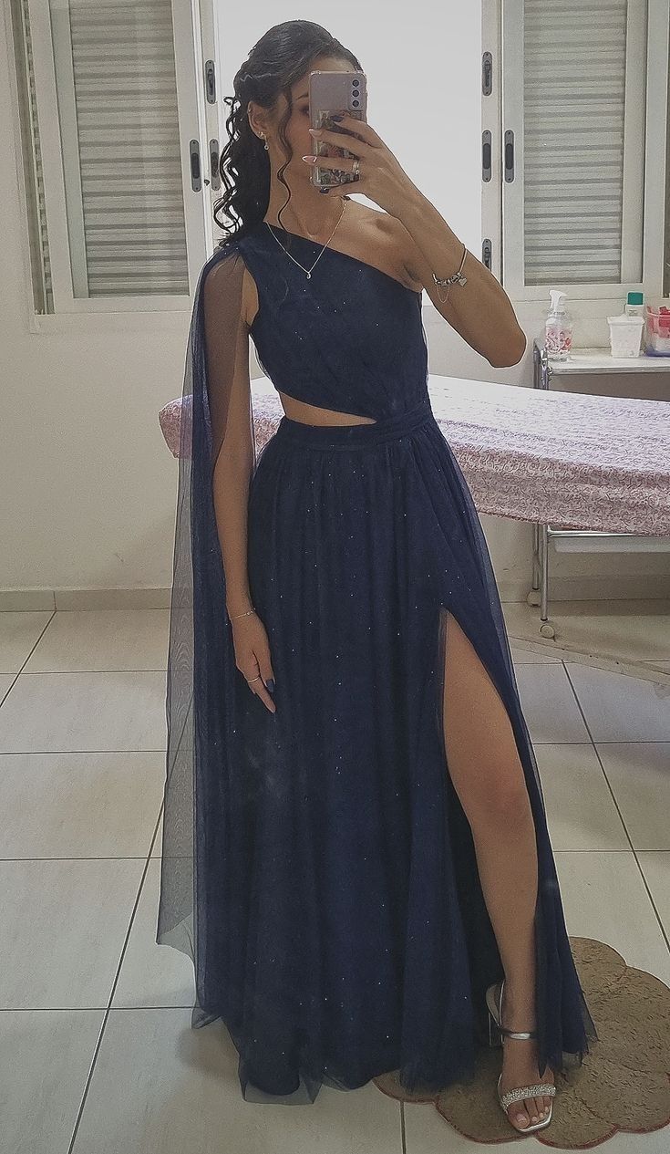 A Line Sparkly Navy Tulle Long Party Dress Prom Dress New Arrive Evening Dress - View 2 | VelvetHem
