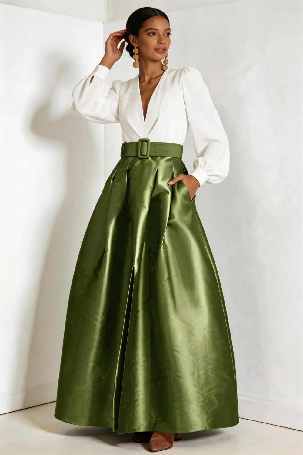 Two Piece Sage Green Satin Maxi Skirt Set With White V Neck Blouse (ZD17148)