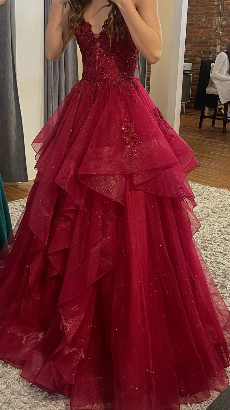 Burgundy Shinny Tulle A-Line Long Prom Dress Evening Party Dresses