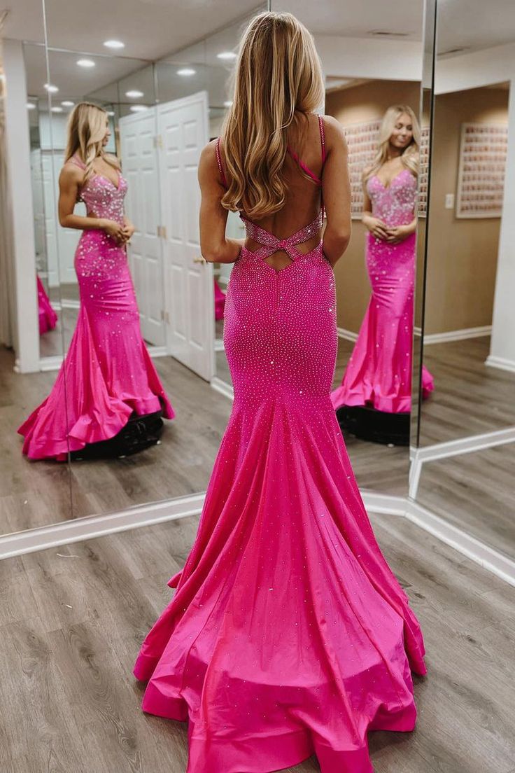 Hot Pink V Neck Satin Mermaid Long Prom Dresses with Beaded fg6746 - VelvetHem