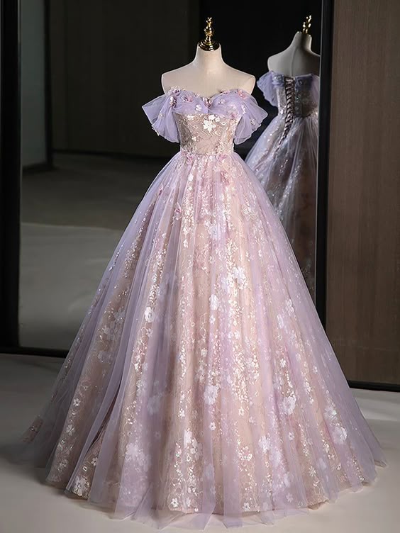 A-Line Off Shoulder Tulle Lace Purple Long Prom Dress, Purple Formal Dress fg6578 - VelvetHem