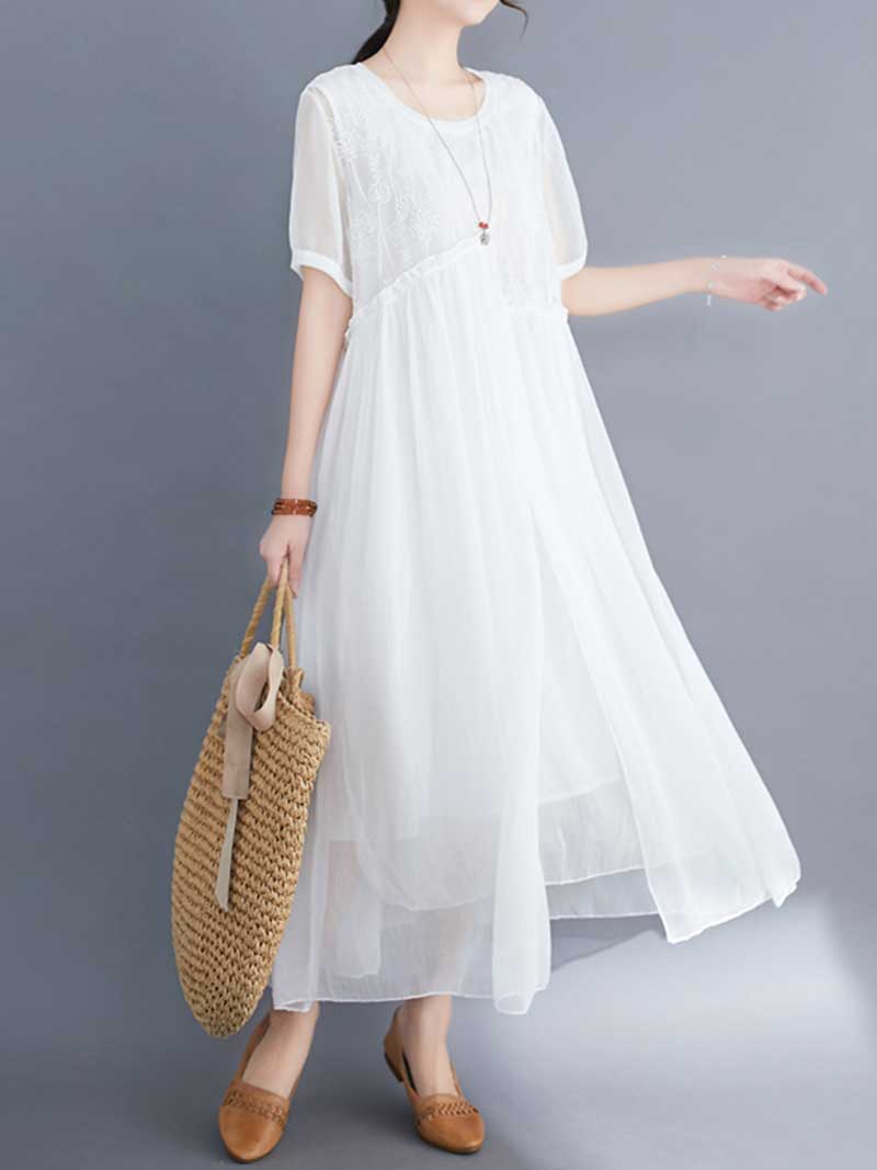 Embroidered Silk Round-Neck A-Line Dress