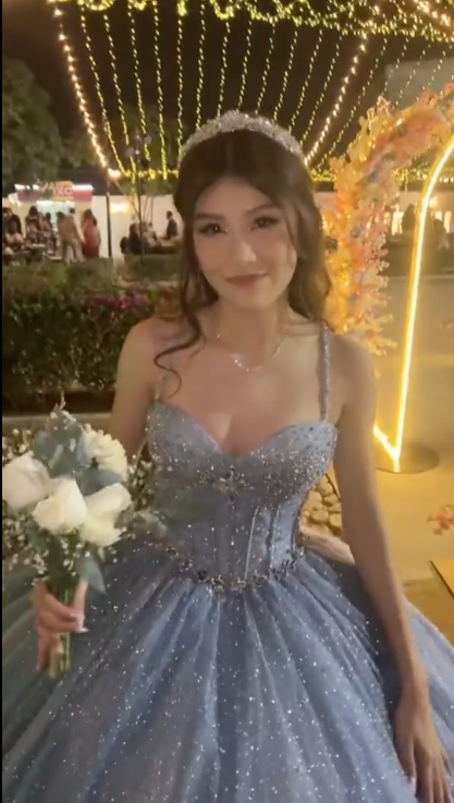 Glitter Spaghetti Straps Blue Tulle Sequin Beaded Ball Gown Formal Birthday Quinceanera Dress - View 3 | VelvetHem