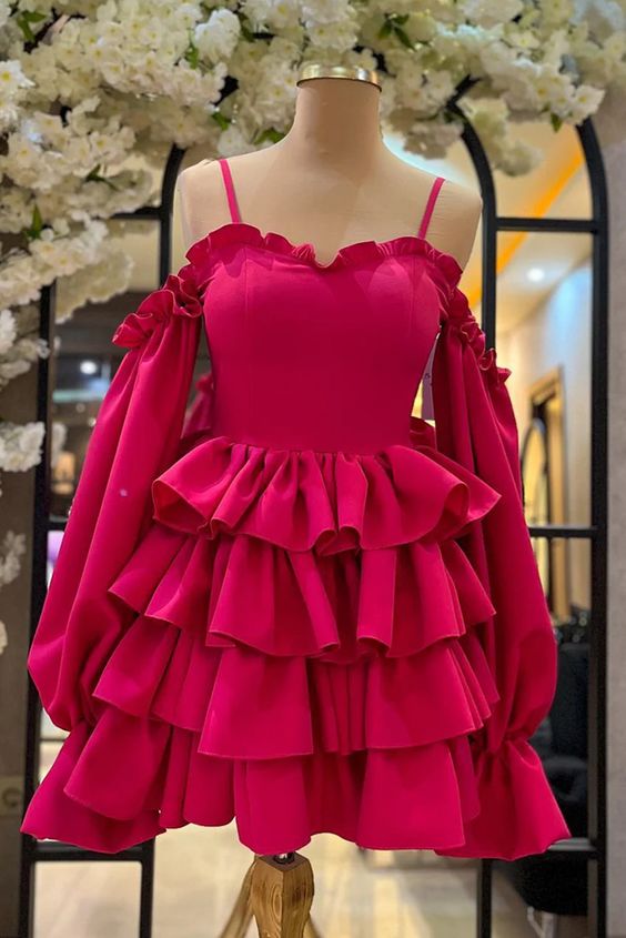 Spaghetti Straps Ruffled Long Sleeves Layers Homecoming Dress fg6594 - VelvetHem
