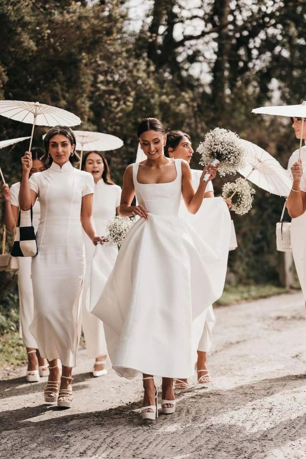 Charming A Line Square Neck White Long Wedding Dress with Button UP - VelvetHem