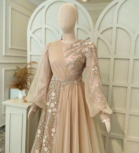 Elegant evening dress tulle muslim dress, wedding guest dress, champagne special occasion dress fg6673 - View 2 | VelvetHem