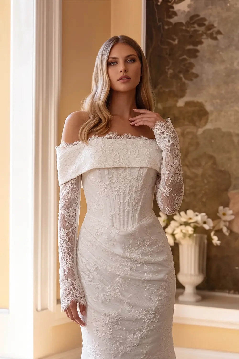 White Long Sleeve Corset Mermaid Bridal Gown with Cathedral Train ZP209