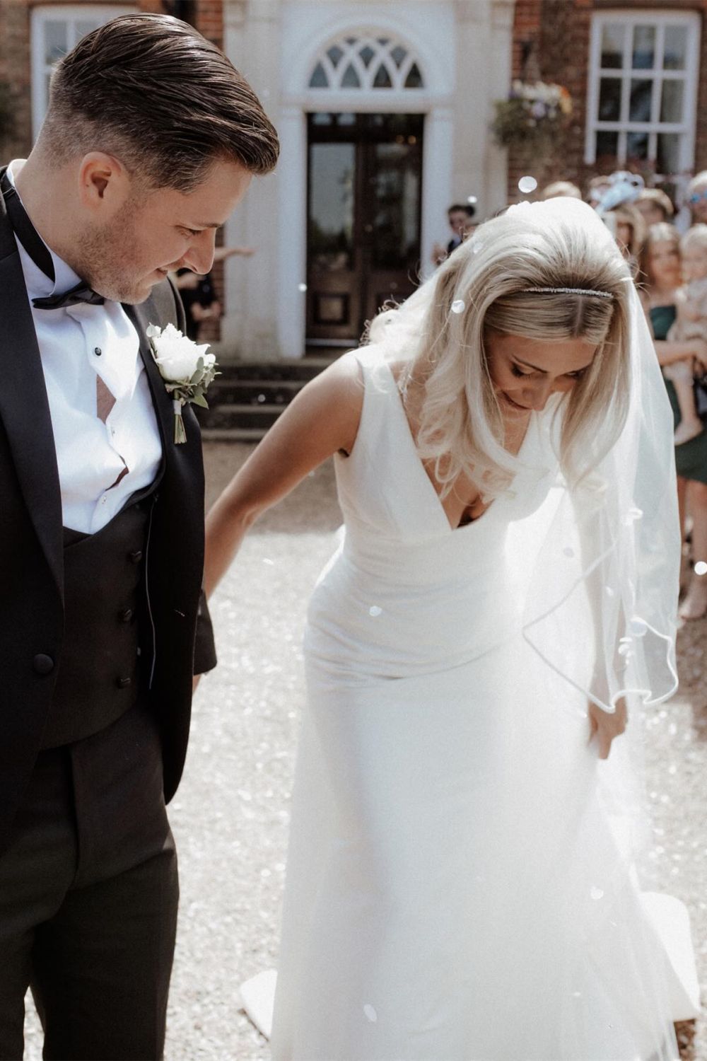 Simple Mermaid Deep V Neck White Satin Long Wedding Dress with Button Up - View 3 | VelvetHem