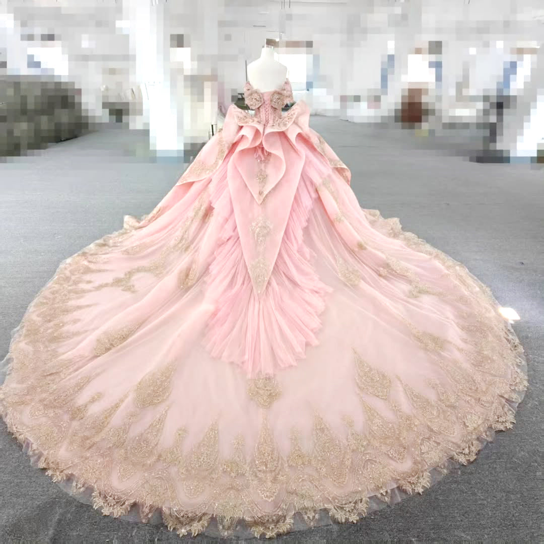 Princess Pink Sweetheart Ball Gown Quinceanera Dress with Appliques Sweep Train - View 5 | VelvetHem