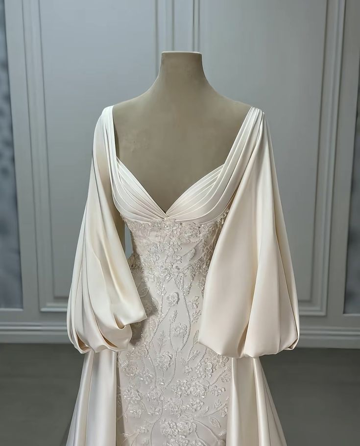 Luxury Wedding Dresses, Ivory Satin Lace A-line Bridal Gowns - View 2 | VelvetHem