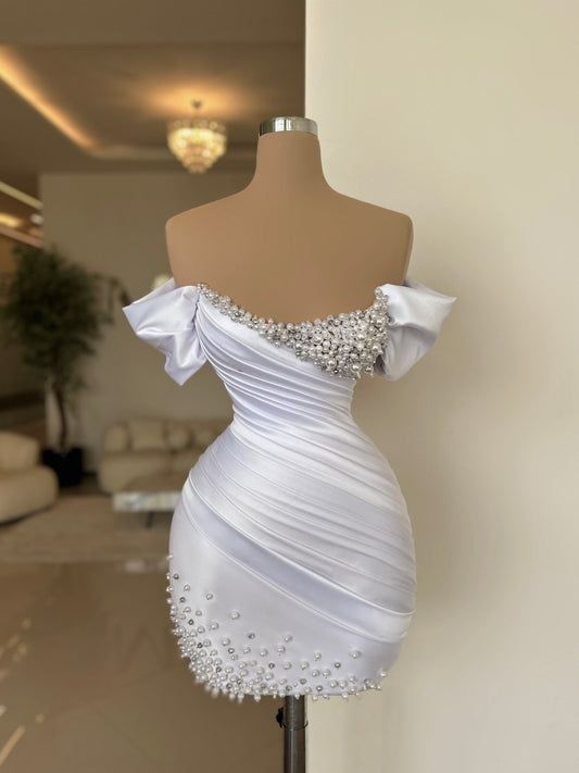 White Short Prom Dress Sheath Off the Shoulder Pearls Mini Cocktail Club Gowns Satin Pleated Party Dresses fg6269 - VelvetHem