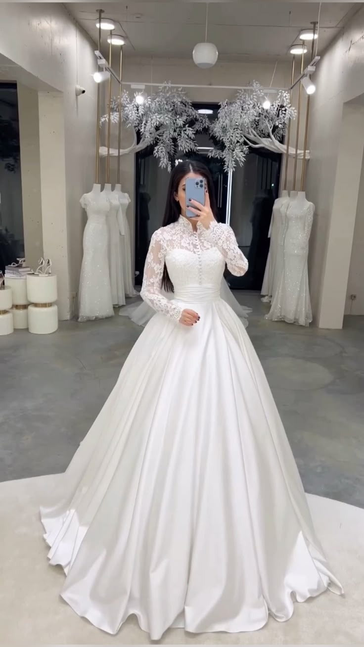 A Line Satin Lace Long Wedding Dress Bridal Gowns fg6658 - View 2 | VelvetHem