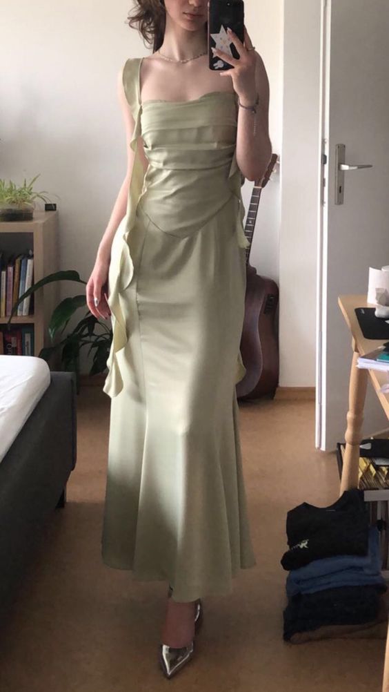 Ruffled Green Mermaid Long Prom Dresses elegant evening dress fg6036 - VelvetHem