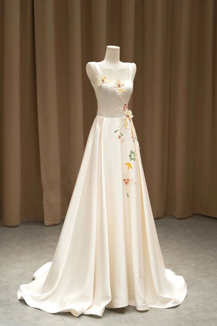 Elegant Satin Floor Length Formal Dress with 3D Flowers, Light Champagne A-Line Evening Party Dress - View 2 | VelvetHem