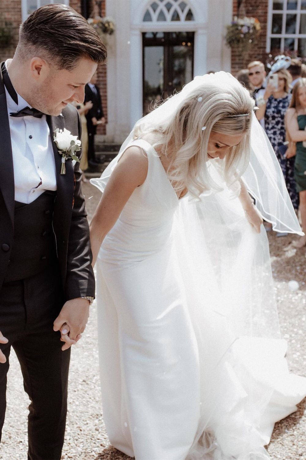 Simple Mermaid Deep V Neck White Satin Long Wedding Dress with Button Up - View 4 | VelvetHem