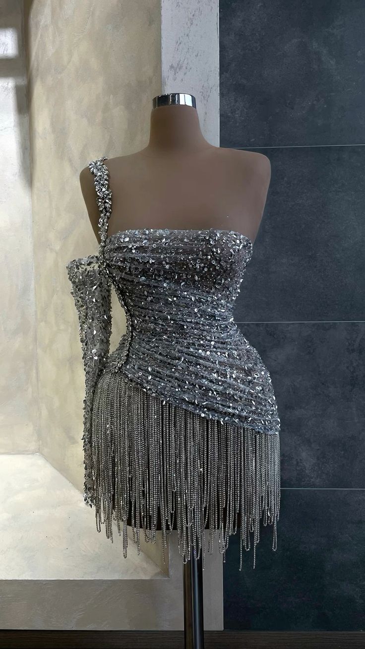 Silver Beaded Cocktail Dress With Long Tassel Fringes One Sleeve Crystal Sequin Sparkly Short Homecoming Wear fg6592 - VelvetHem