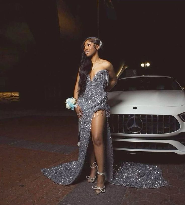 Women Prom Dress Silver Gray Mermaid Sequin Evening Dress - View 2 | VelvetHem