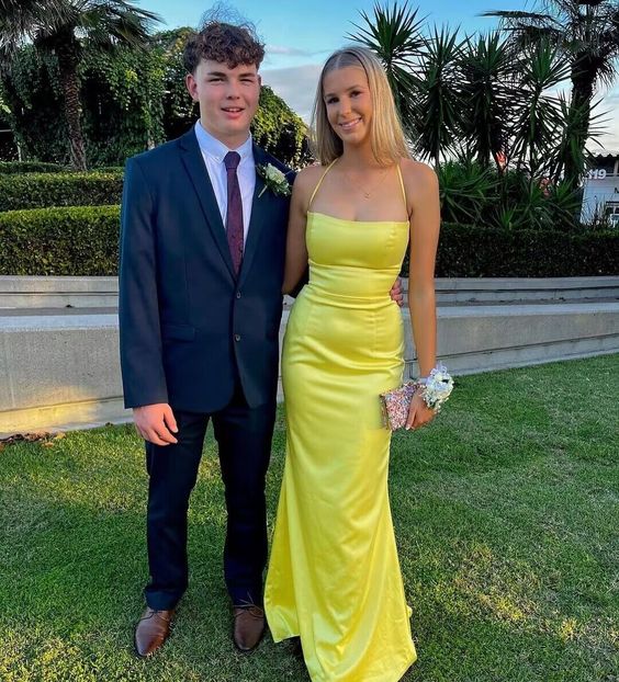 Yellow Mermaid Back Open Satin Prom Dress, Formal Dresses Long fg6180 - VelvetHem