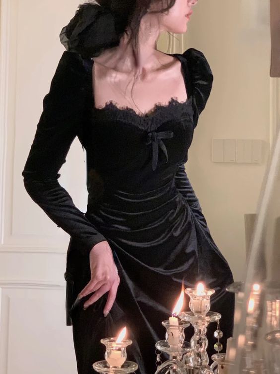 Vintage Balck Long Sleeve Dress Woman Elegant Fashion Velvet Midi Dress fg6635 - VelvetHem