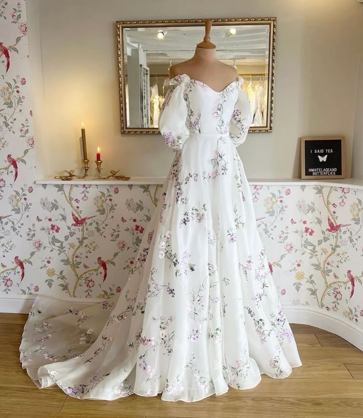 Women's Floral Print Wedding Dresses, Off-the-Shoulder Bridal Gowns, Beach Sweep Train Bridal Gown - View 3 | VelvetHem