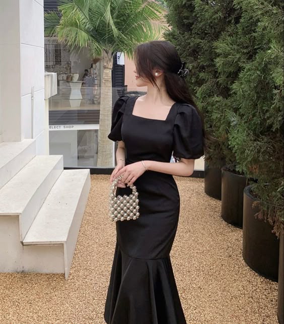 Puff-Sleeve Square-Neck Mermaid Dress,Vintage Black Prom Dress fg6494 - VelvetHem
