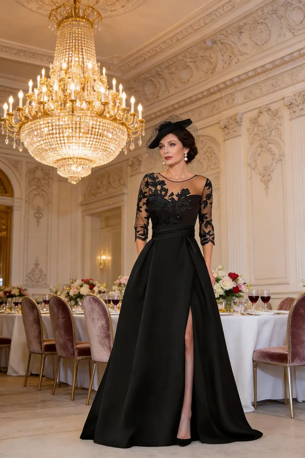 Black Lace Illusion Neck Satin Gown With High Slit For Mother Of The Bride (ZD17144)