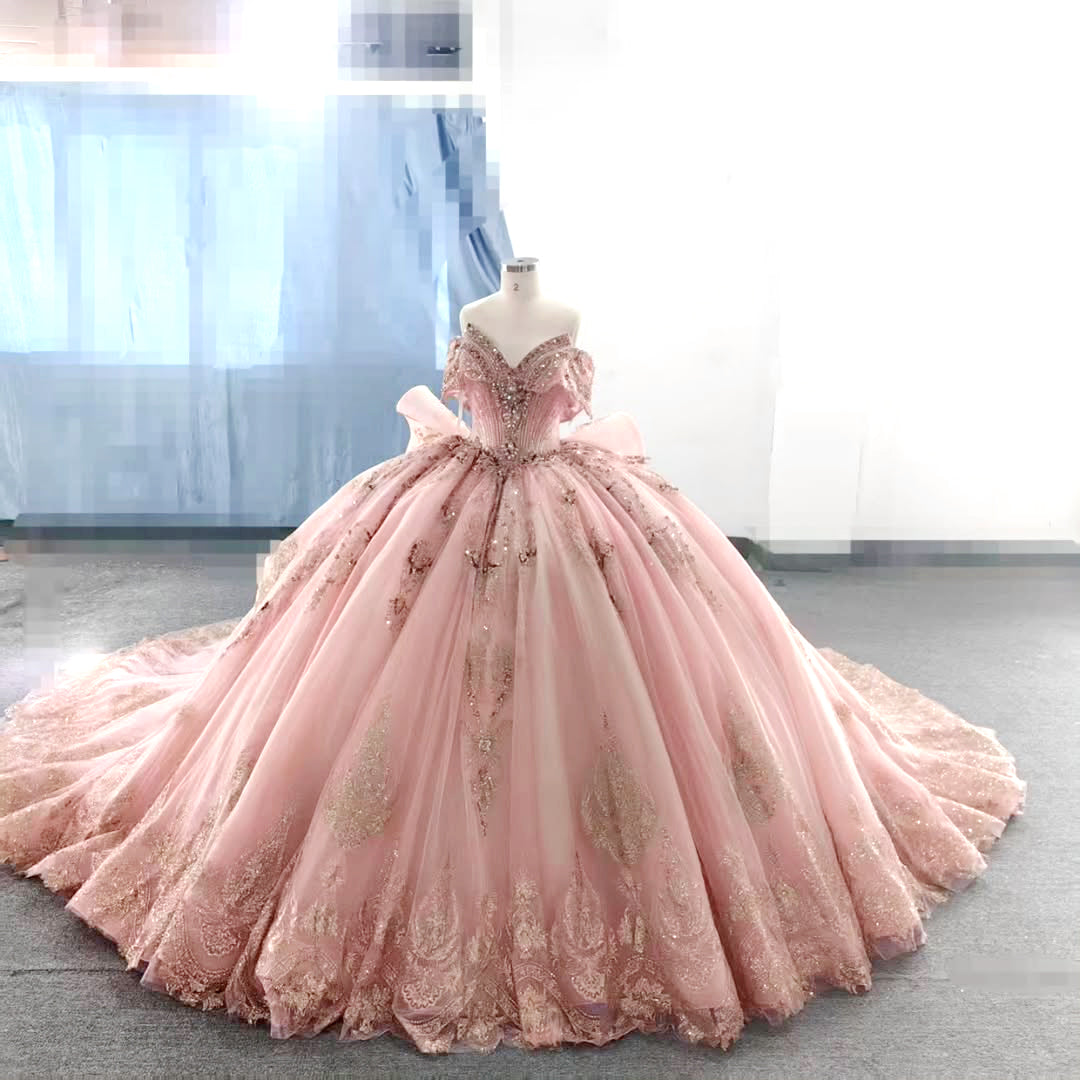 Princess Pink Sweetheart Ball Gown Quinceanera Dress with Appliques Sweep Train - View 3 | VelvetHem