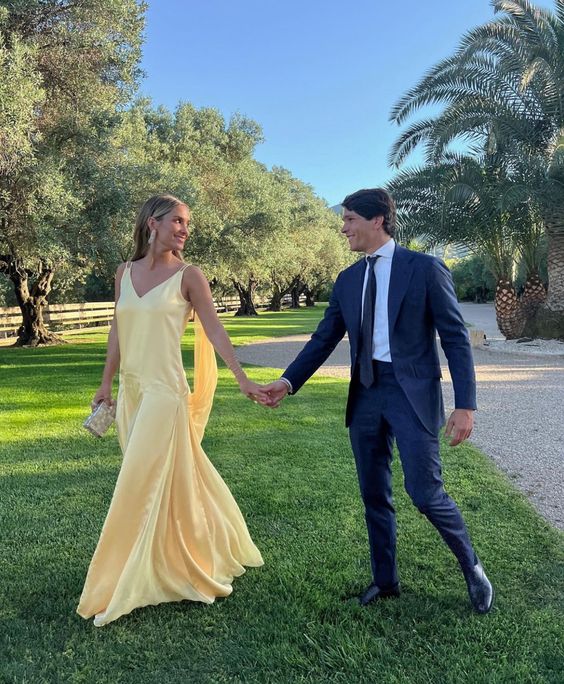 Yellow Satin Evening Dress for Formal Occasions, V-neck A-line Spaghetti Strap Floor Length Elegant Prom Dress - VelvetHem