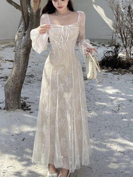 Women's A-line Lace Long Simple Dress, Sexy Elegant Vintage Evening Dress fg6057 - View 3 | VelvetHem