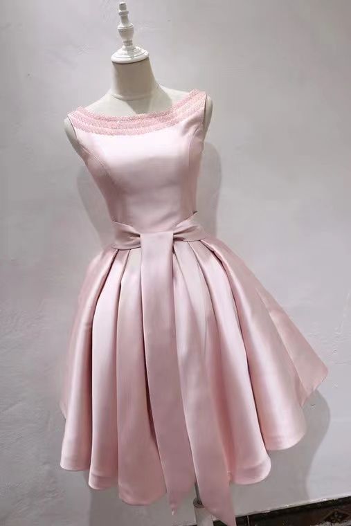 O-neck Homcoming Dress, Satin Sleeveless Dress With Beads fg6389 - VelvetHem