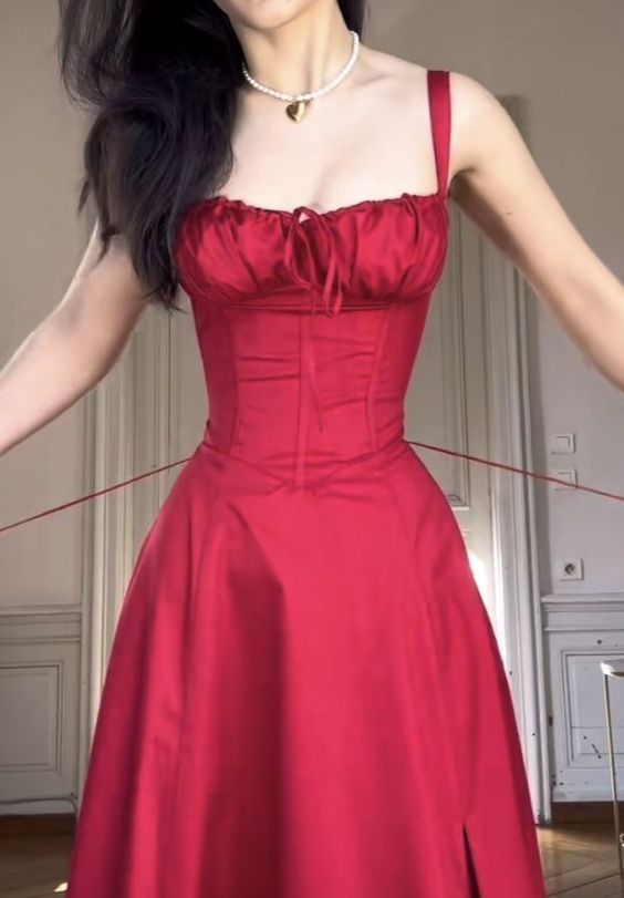 Women's Sleeveless Red Square Neck Party Prom Dress Split Sexy A-Line Midi Dress fg6008 - VelvetHem