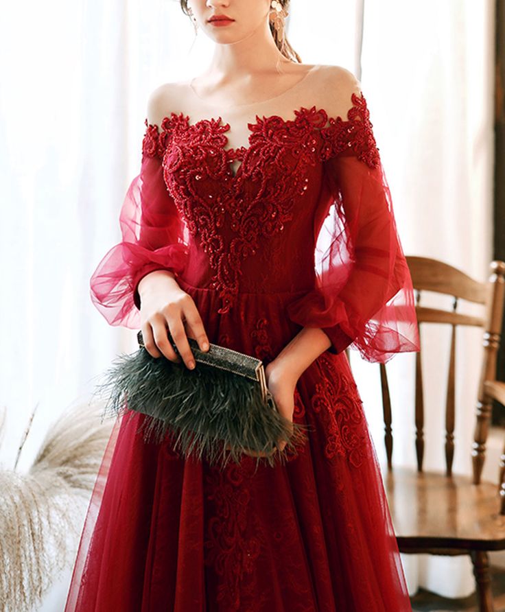 Round Neck Tulle Beads Long Prom Dress Evening Dress - VelvetHem