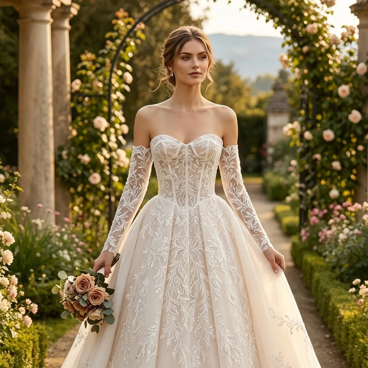 Elegant Ivory Strapless Corset Lace Tulle Bridal Gown Wedding Dress with Long Detachable Sleeves ZP067