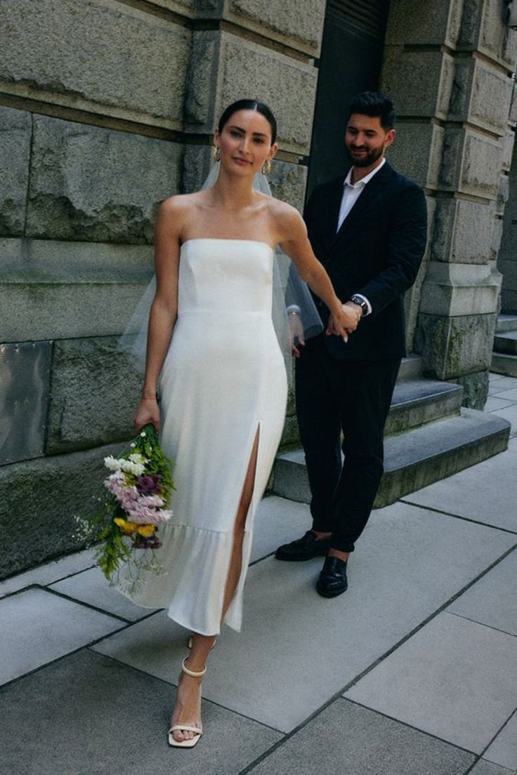 Simple Strapless Sleeveless Satin Sheath Midi Wedding Dress With Slit fg6333 - View 4 | VelvetHem