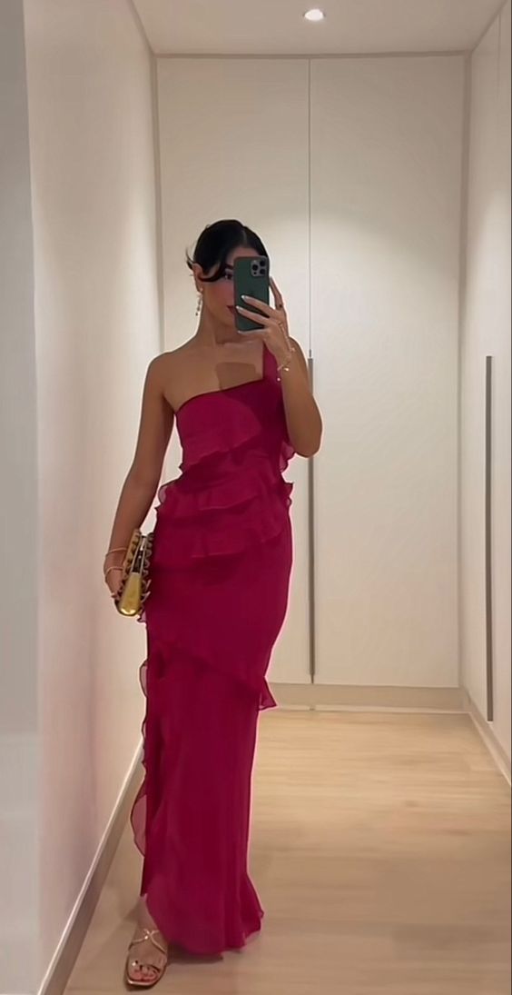 Sexy Sheath One Shoulder Chiffon Hot Pink Prom Dresses fg6375 - VelvetHem