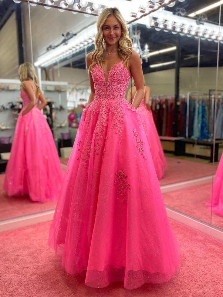 V Neck Pink A Line Lace Long Prom Dress fg6378 - VelvetHem