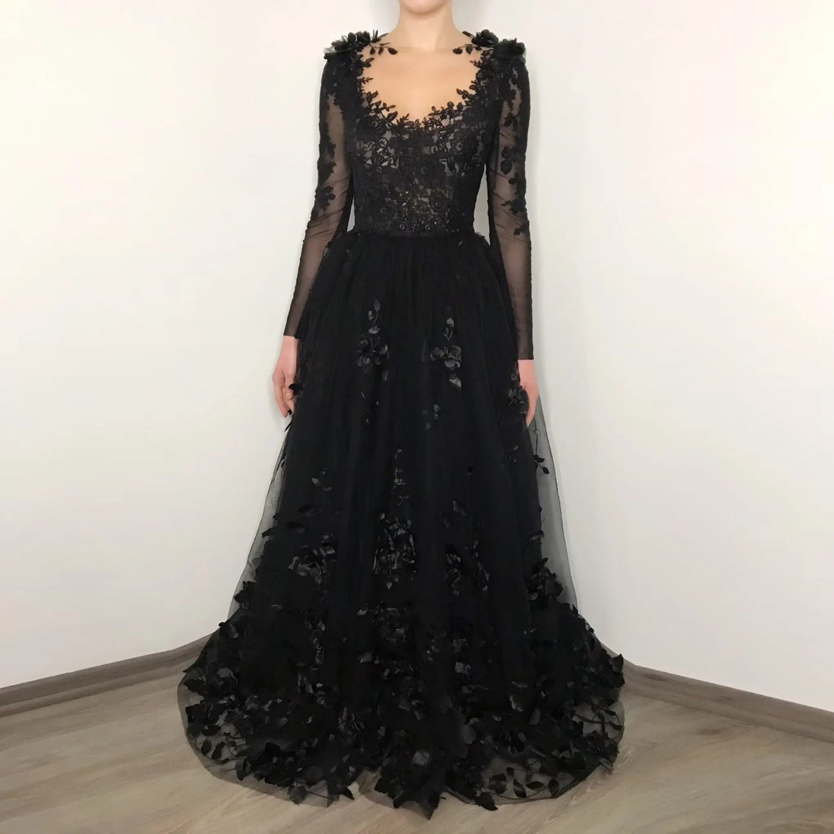 Black Luxury Gothic Wedding Dress 3D Floral Lace Tulle Sweep Train ZP026