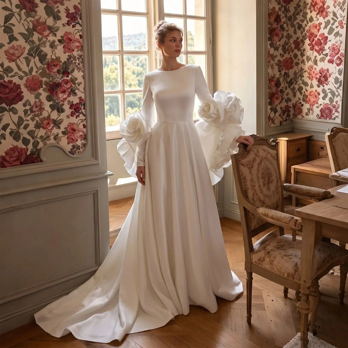 Ivory  Romantic A-Line Satin Wedding Dress 3D Rose Floral With Veil  ZP033