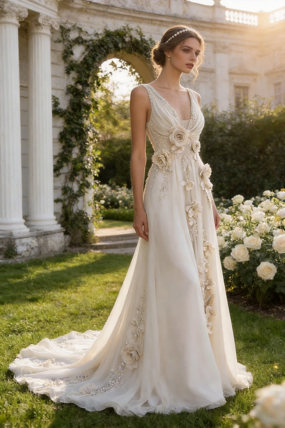 Charming V Neck Chiifon Appliques Beaded Prom Dress Wedding Dress (ZD13735)