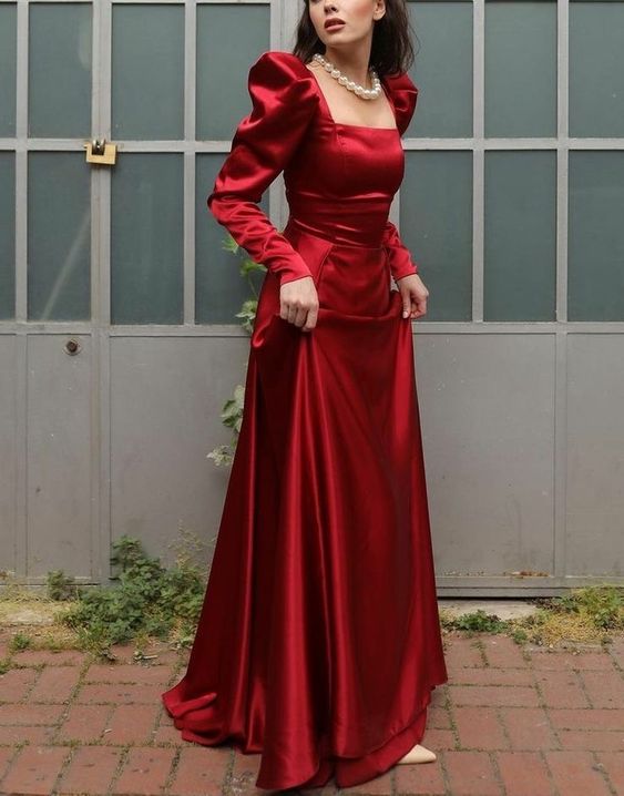 Square Neck Long A Line Evening Gown Burgundy Long Sleeves Satin Formal Prom Party Dress fg6143 - VelvetHem